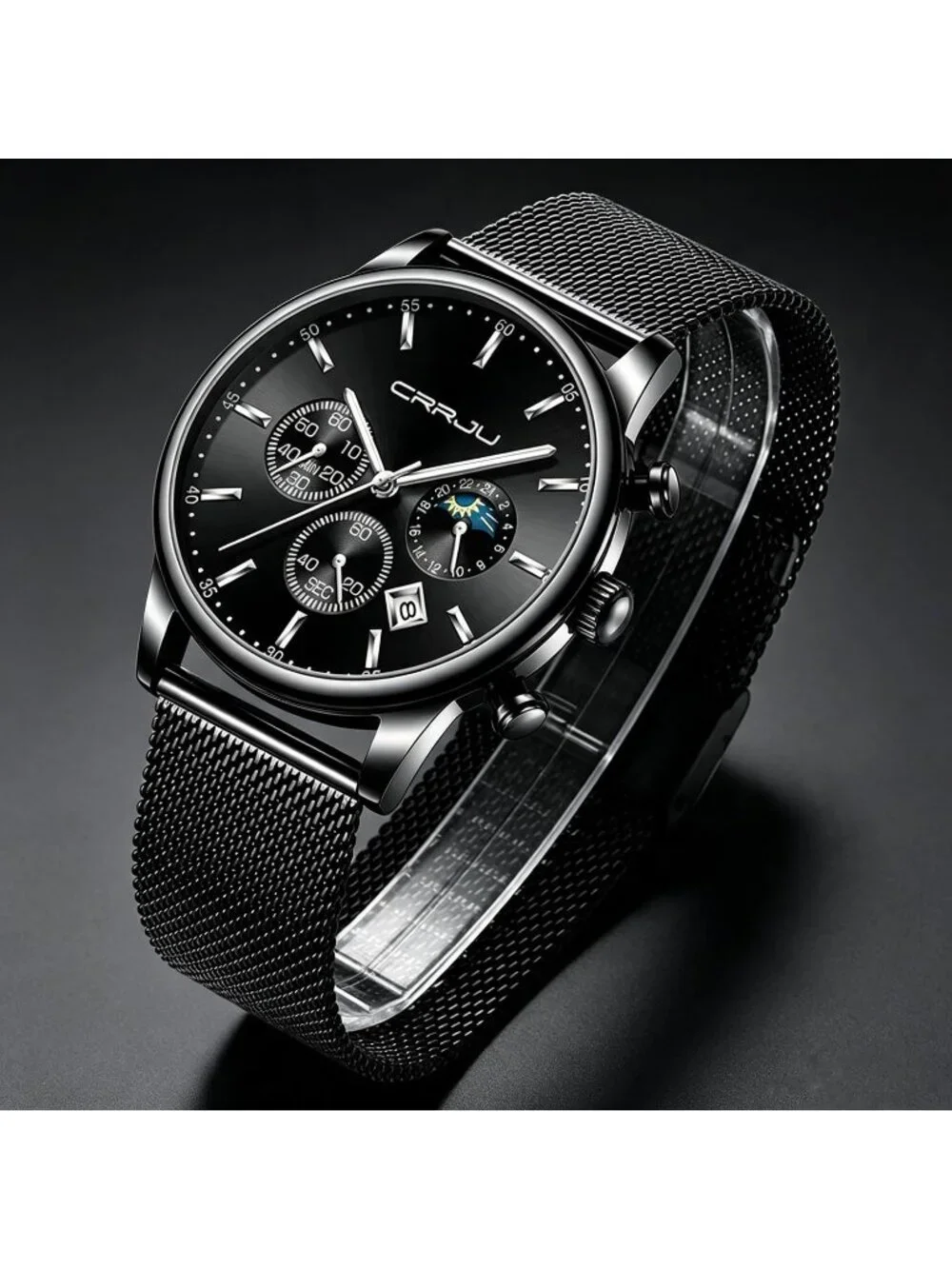 Men's Black Silver Chronograph Auto Date Steel Quartz with Mesh Strap Wristwatch